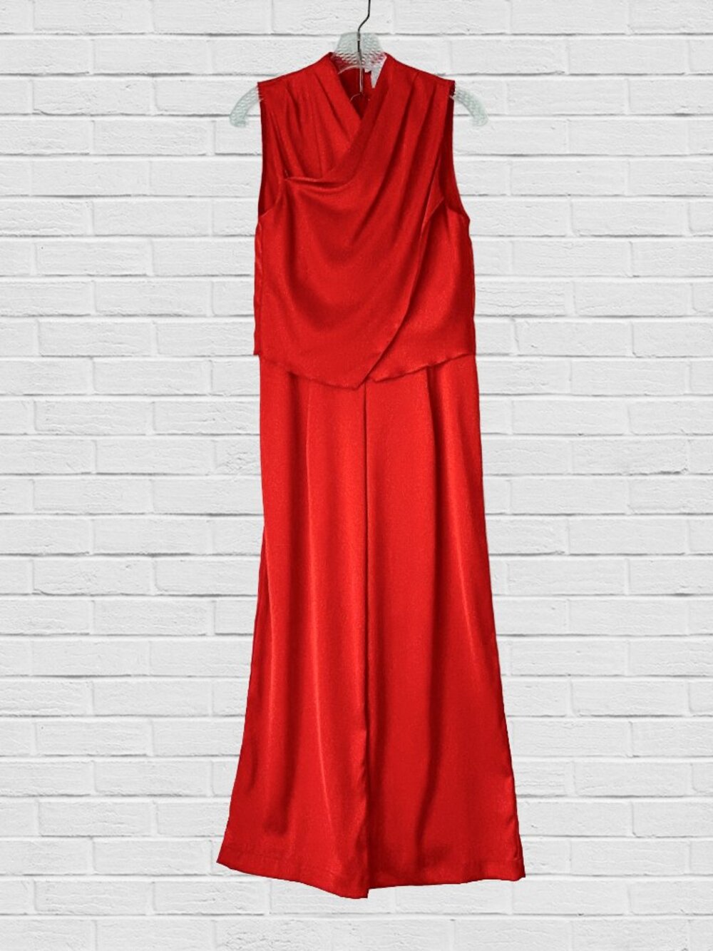 fire orange 2 piece high waist wide leg satin jumpsuit